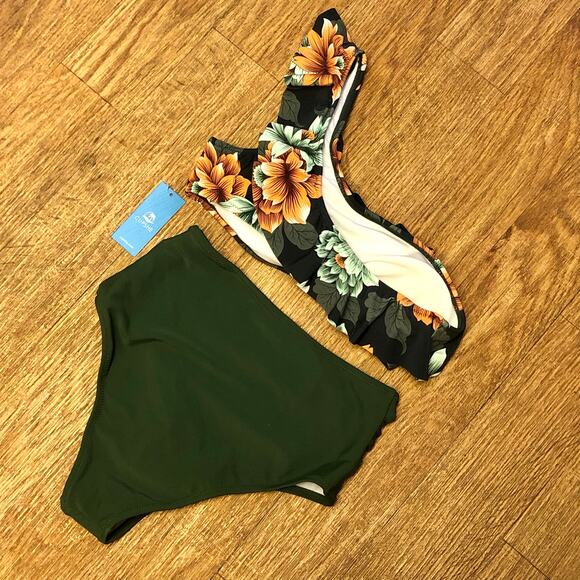 Cupshe Dark Green Floral One Shoulder Ruffle High Waisted Bikini Set Size Small - Picture 9 of 14